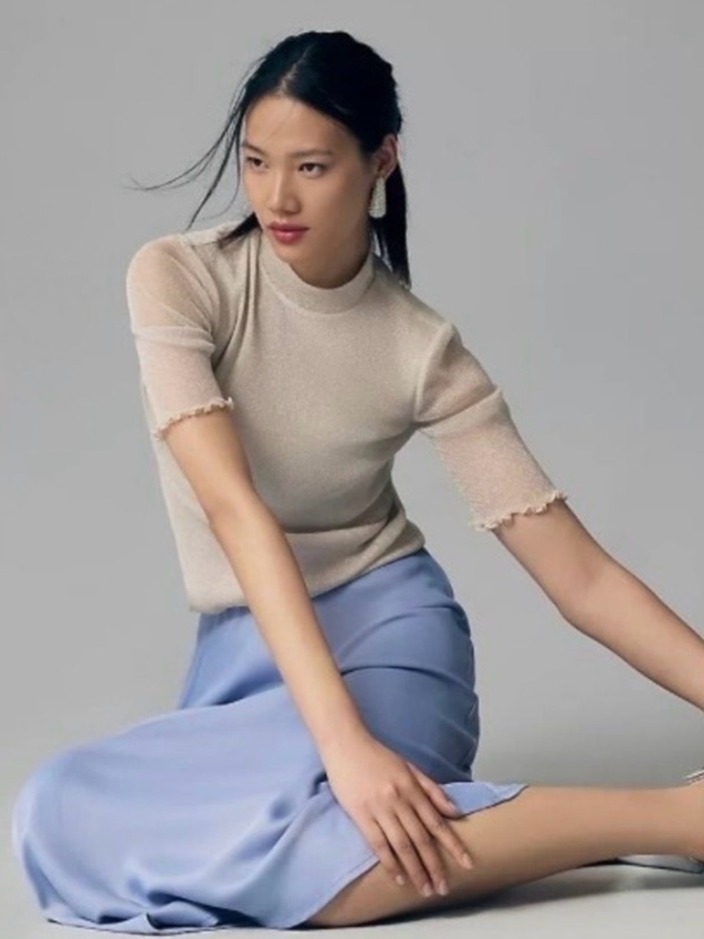 Anthropologie Lurex Mesh Top Mock Neck Lettuce Edge Knit Top